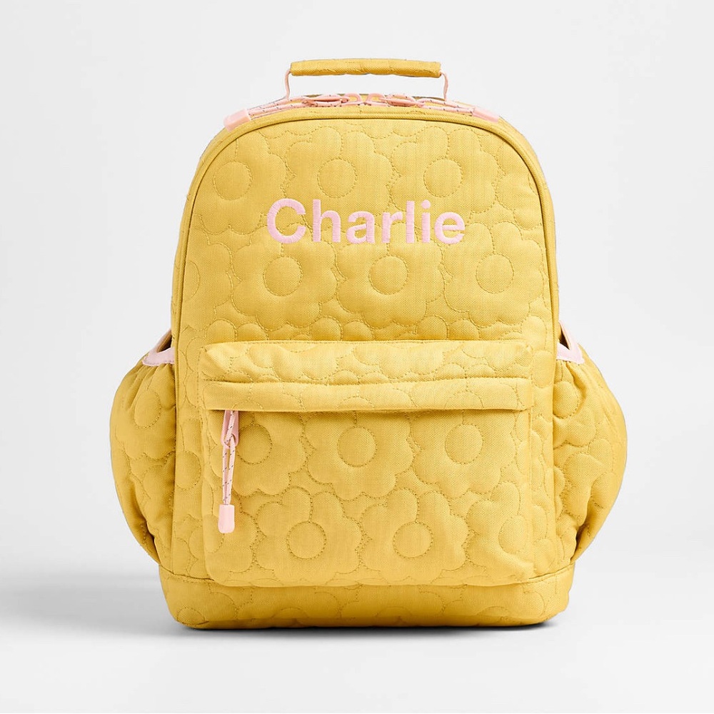 Crate and Barrel Quilted Yellow Flower Medium Kids Backpack +matching lunchbox
